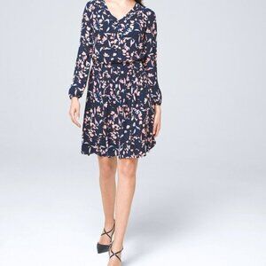 White House Black Market Pintucked Blouson Dress in classic Navy with Floral 10P